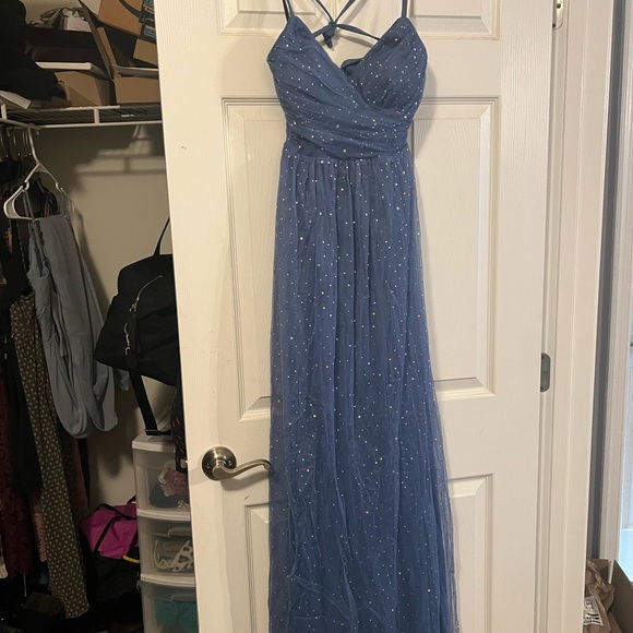 Spaghetti Strap Gown with Boned Corset Bodice Sky Blue